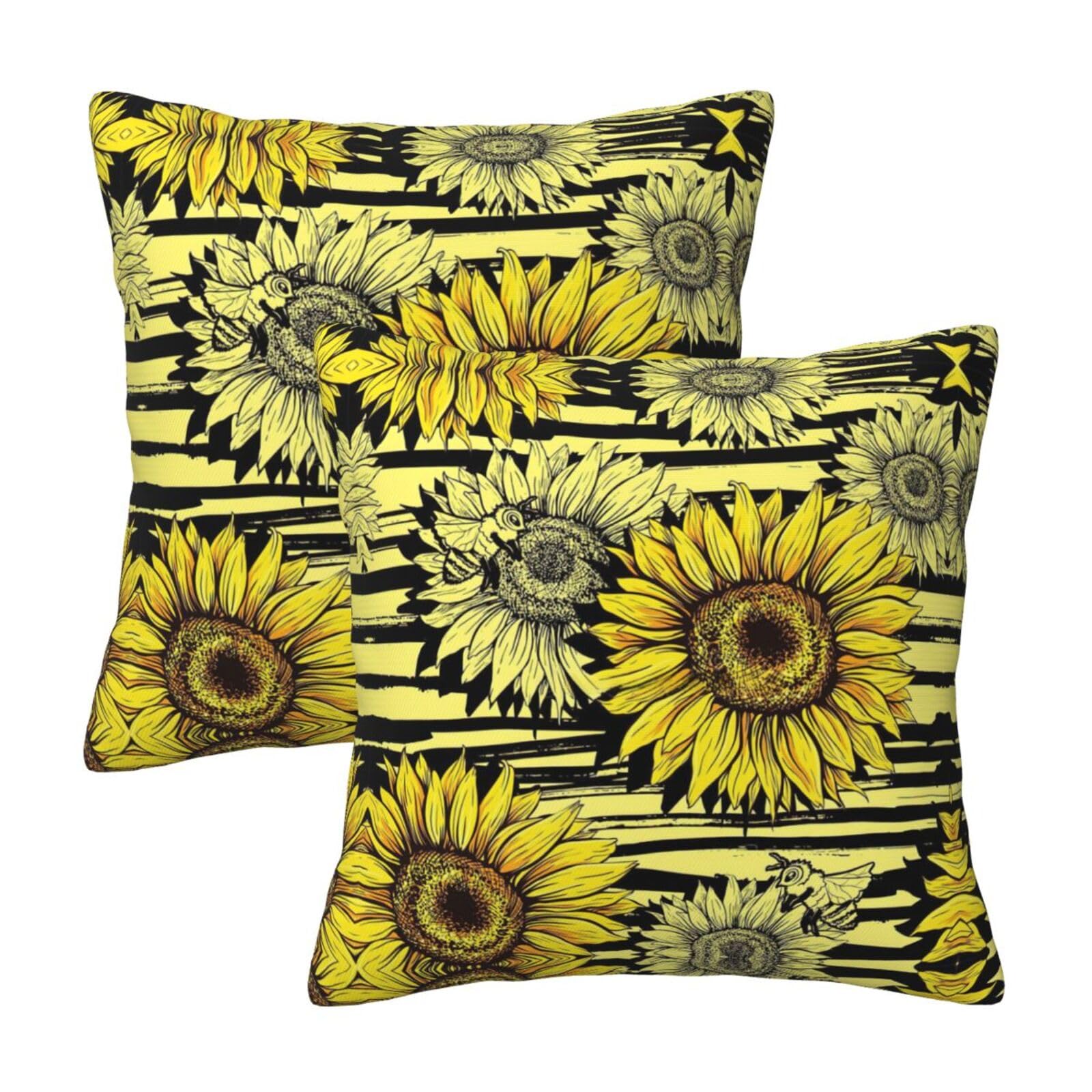 Kfjghhl Bees Sunflowe Throw Pillow Covers Decorative Farmhouse Couch Pillow Case 4 Sizes Square Cushion Pillcase