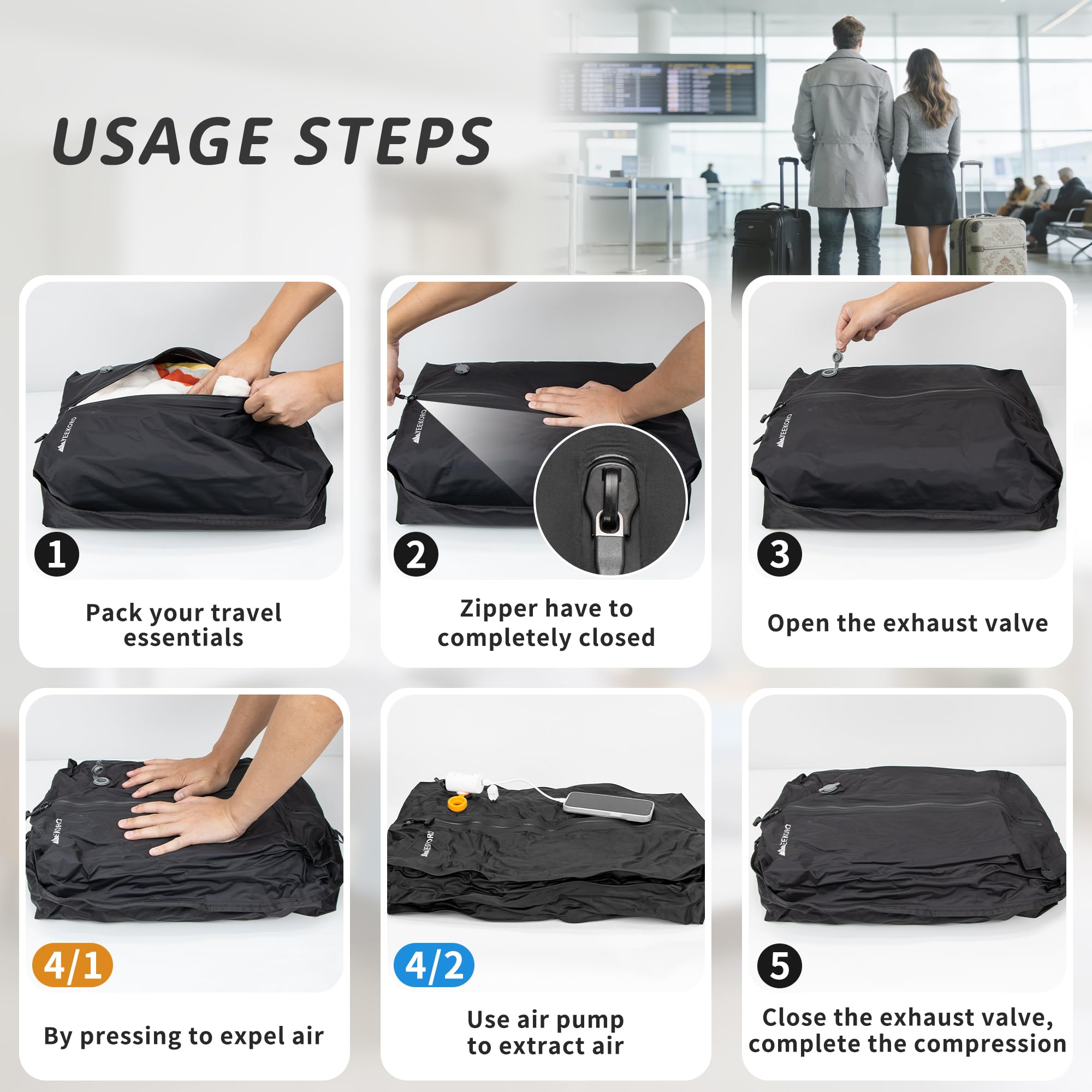 Bolsa de vacío para viajes, bolsas de compresión al vacío profesionales, IPX8, impermeables, reutilizables, antidesgarros, ahorran espacio, bolsas de almacenamiento al vacío con bomba para