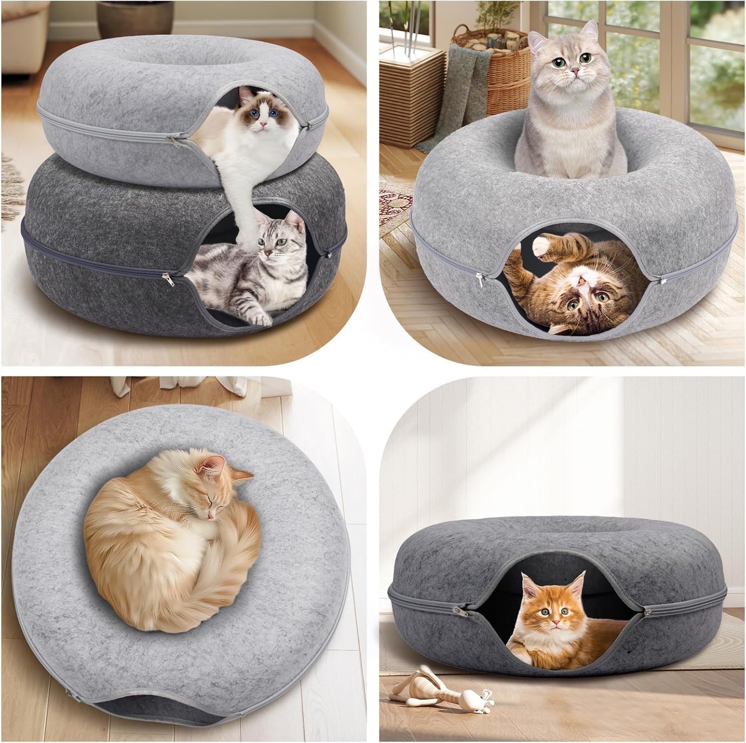Cat Caves for Indoor Cats, Large Cat Tunnel for Multiple & Large Cats, Scratch Detachable Peekaboo Cat Cave Bed, Kitten Donut Kitty Hideaway Up to 45 Lbs