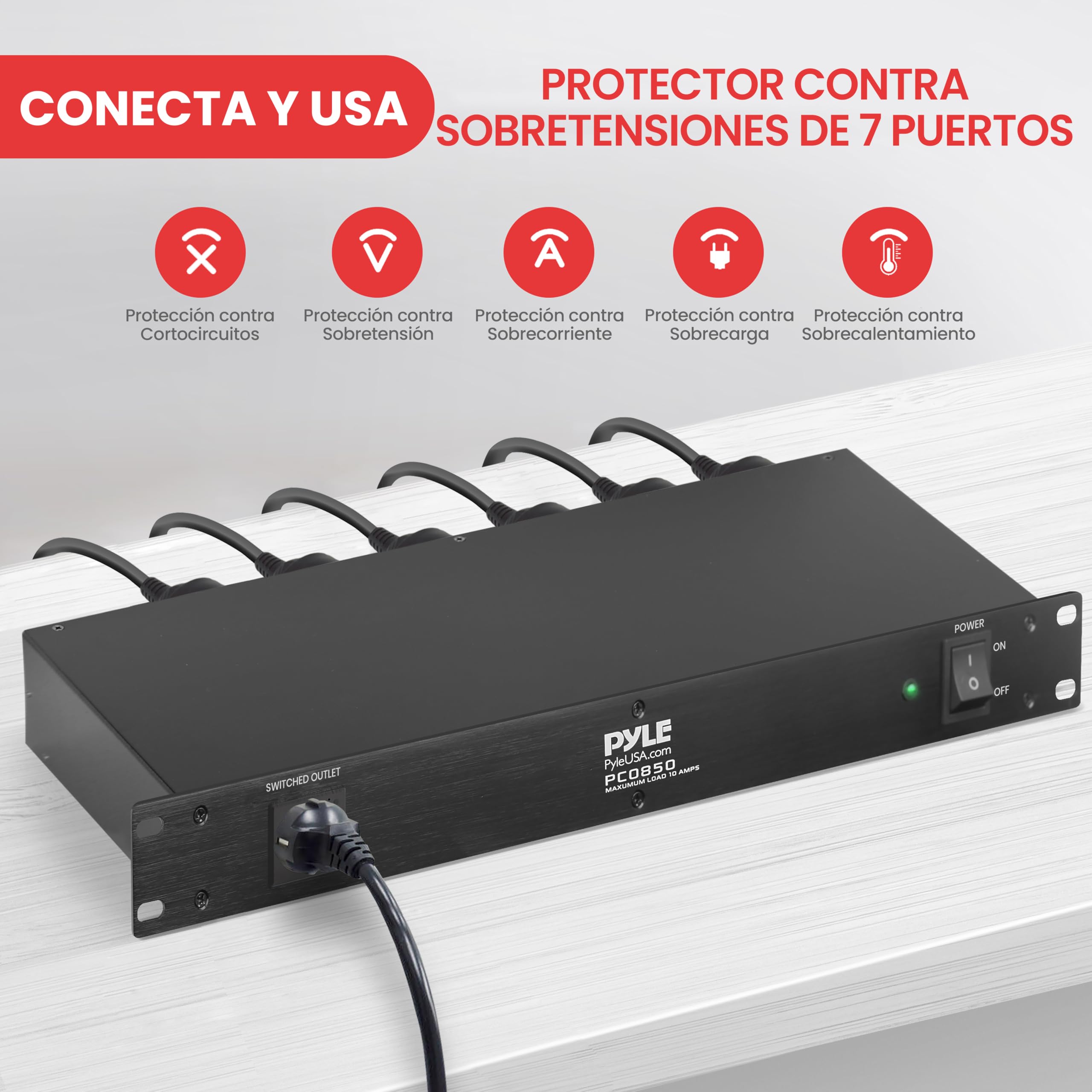 Pyle PDU Power Strip Protector, 150 Julios, 15 amp, 7 Salidas, Regleta de Cable de Extension electrica, Resistente, 1U, Proteccion de Montaje en Rack, Tira de tomacorriente