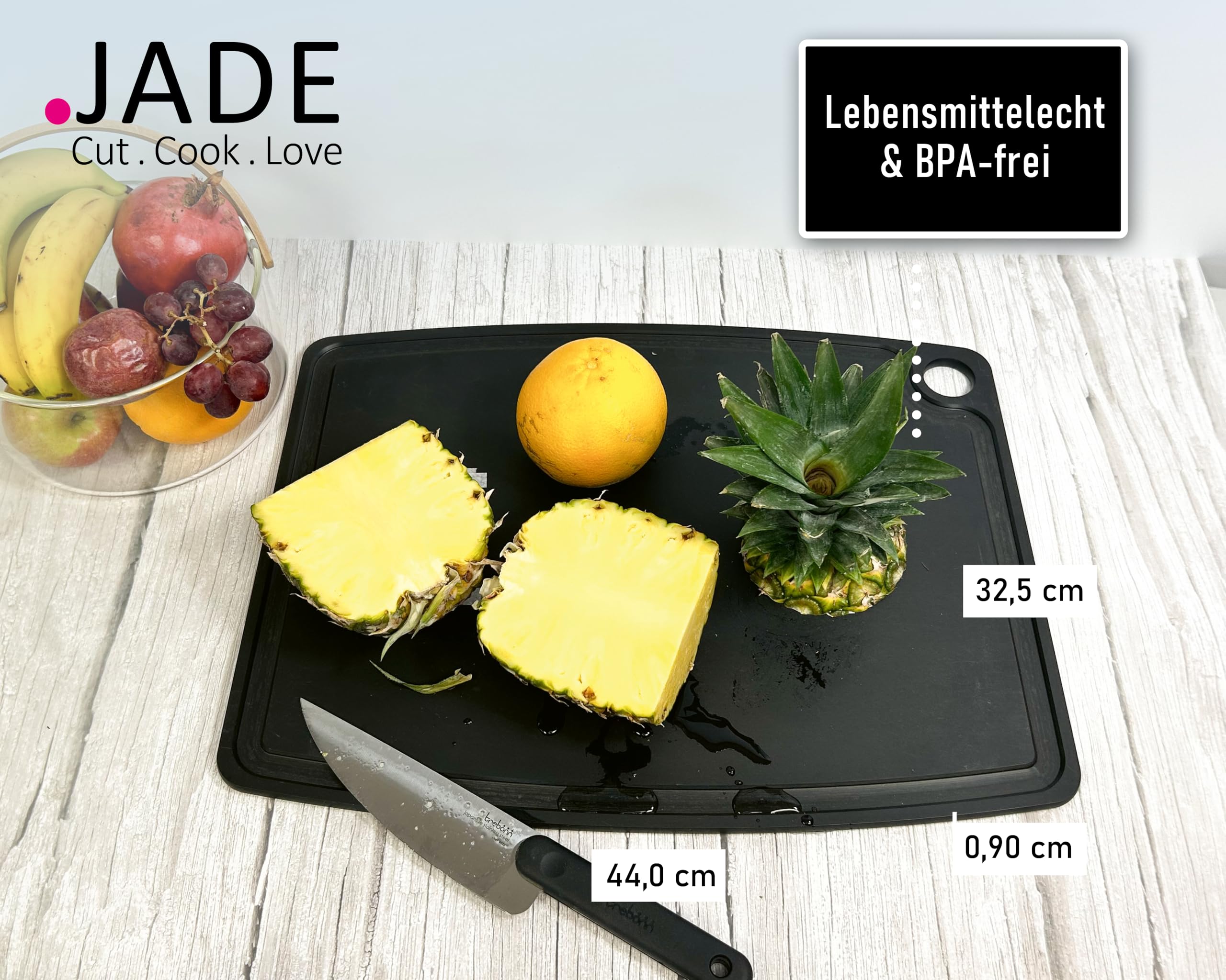 JADE Gourmet Professional - Tagliere in Fibra di Legno Laminato, 44 x 32.5 x 0.9 cm, con scanalatura raccogli liquidi e foro di appendimento, adatto a tutti i cibi (44x32.5cm)