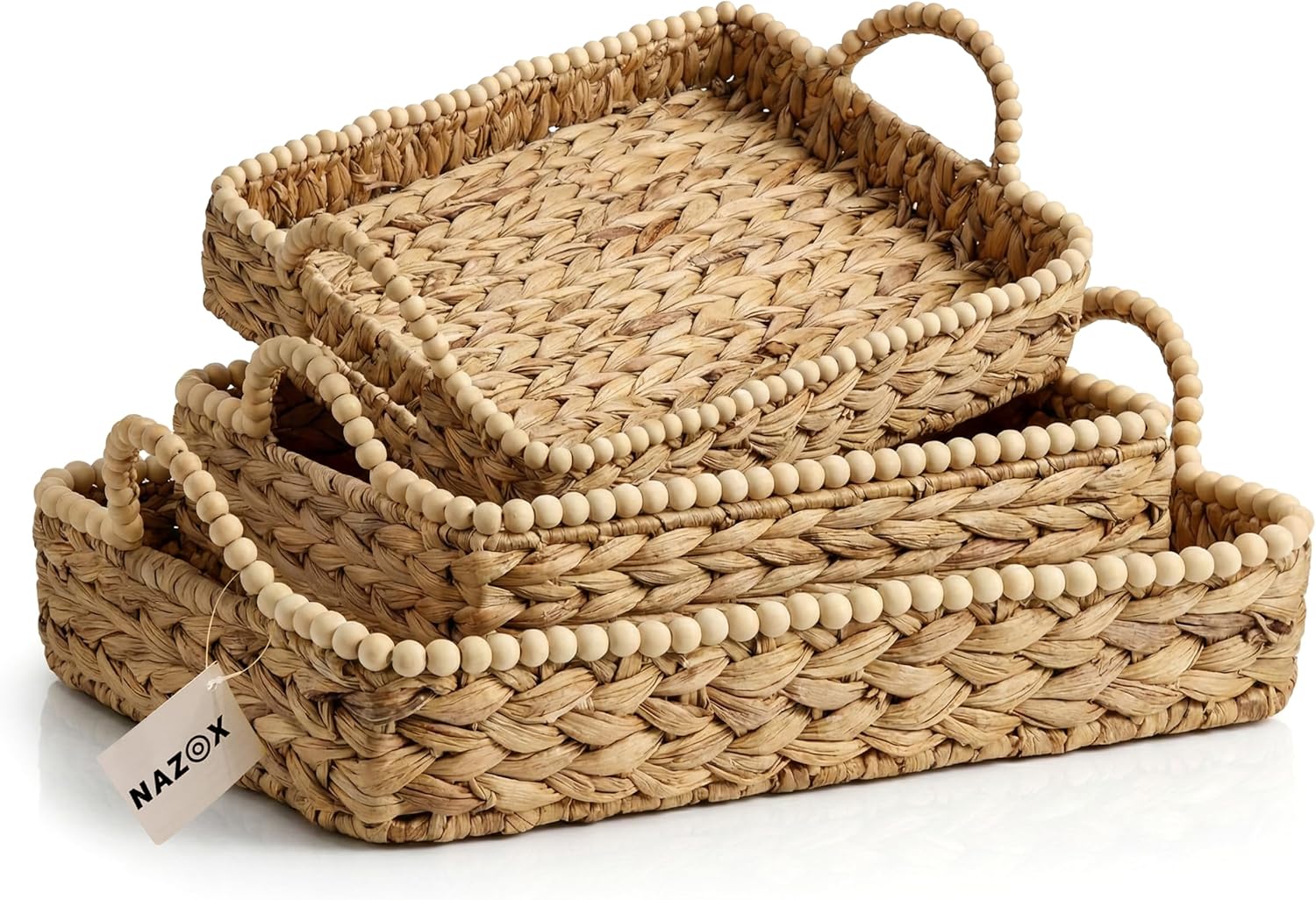 Handwoven Water Hyacinth Storage Baskets for Toilet, Living Room, Nursery Organization - Natural Oval Set of 3 Versatile Nesting Baskets with Scalloped Edge Design & Handles
