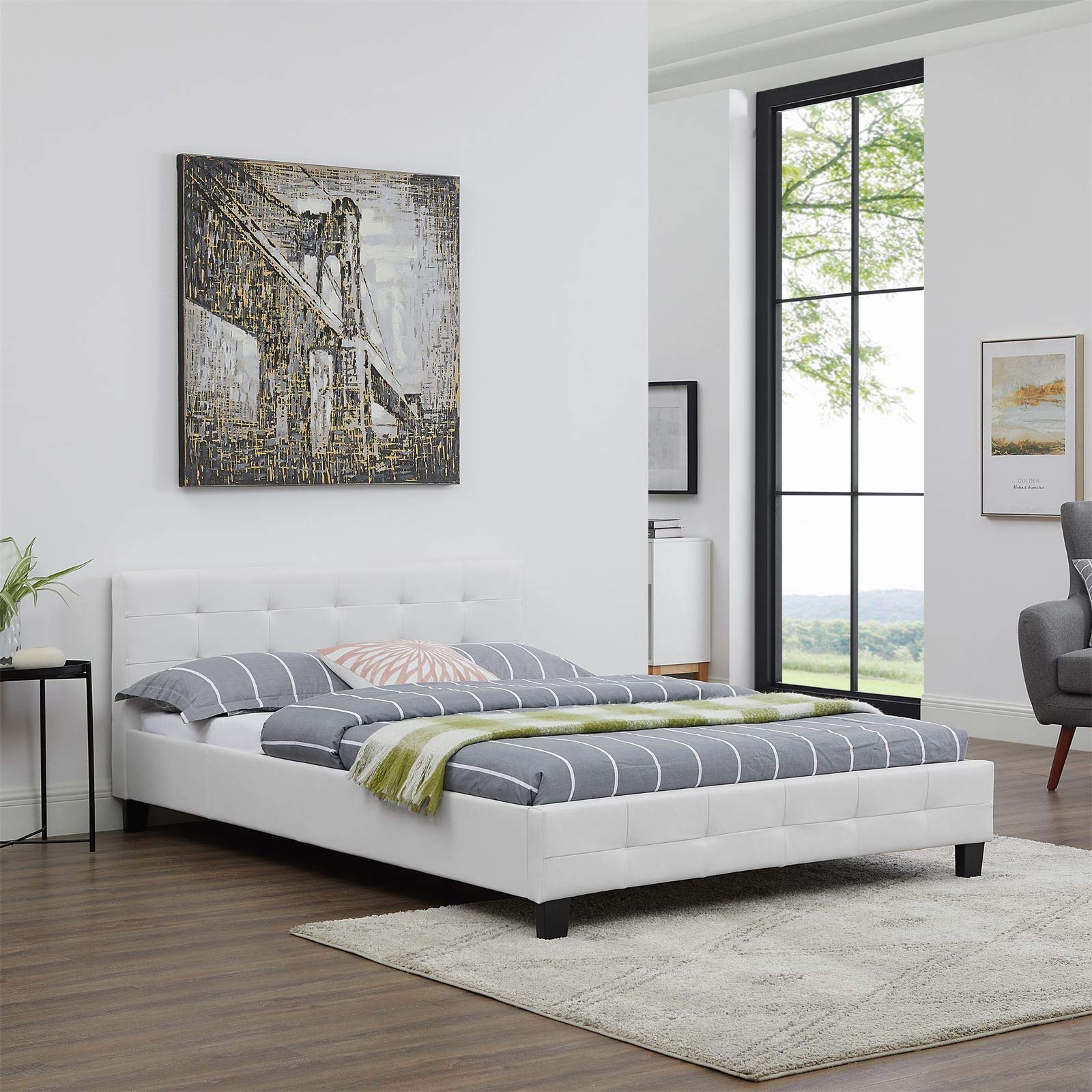 IDIMEX Lit Double pour Adulte Mathieu Couchage 140 x 190 cm avec sommier 2 Places / 2 Personnes, tête et Pied de lit capitonnés, revêtement synthétique Blanc