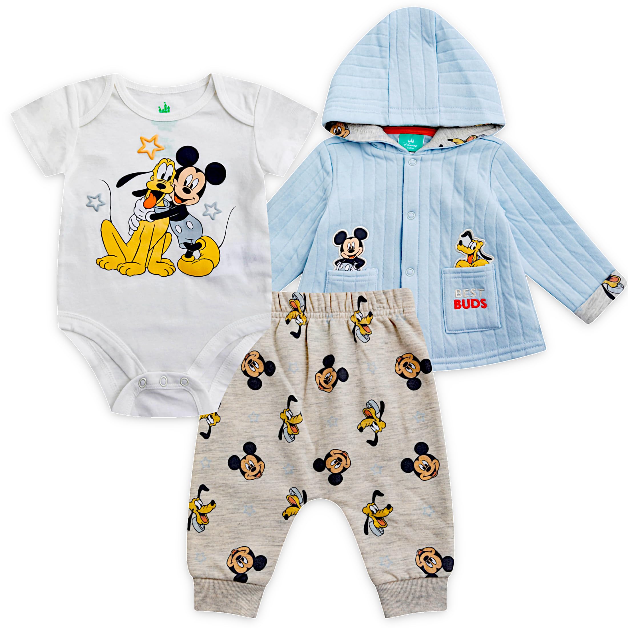 Disney Mickey Mouse zestaw spodni dla chłopców z body i koszulą z długimi rękawami z kapturem i zapięciem na guziki, 3 sztuki w opakowaniu dla małych dzieci