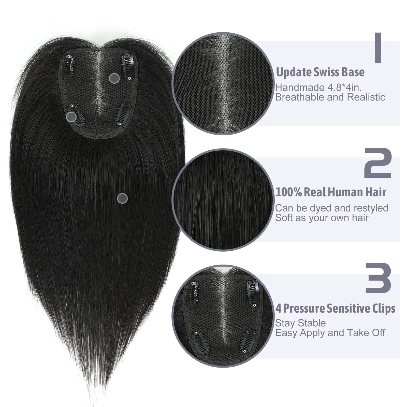 SARO-UPHair Toppers for Women with Thinning Hair - 120% Density Swiss Base Clip-In Natural Black Top Hair - Image 3