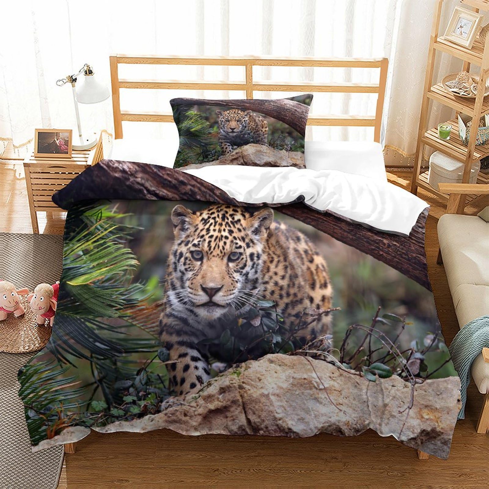 P1s9u7w5y Jaguar Wild Jungle 3D Printed Leopard Pattern Duvet Cover Set 3Pcs Microfiber Animal Bedding Set Single（135X200cm）