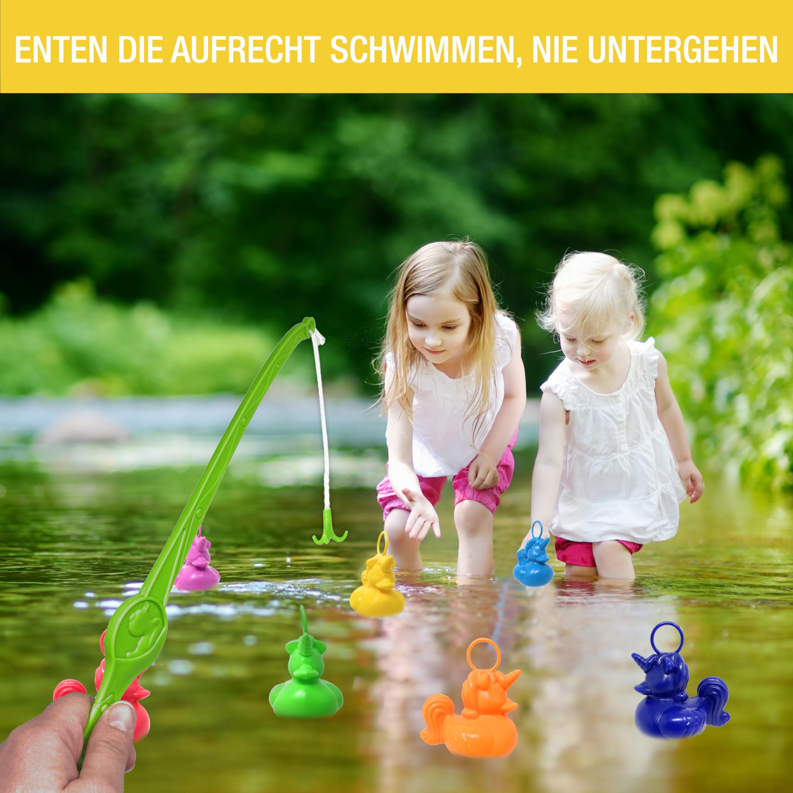 AMLI Einhorn Enten Angeln | 21x bunt Unicorn Entchen mit Öse & Gewicht | Inkl. 2 Angeln | Entenangeln Spiel Wasser groß | 101AO20DUCK (mit 2 Angeln)