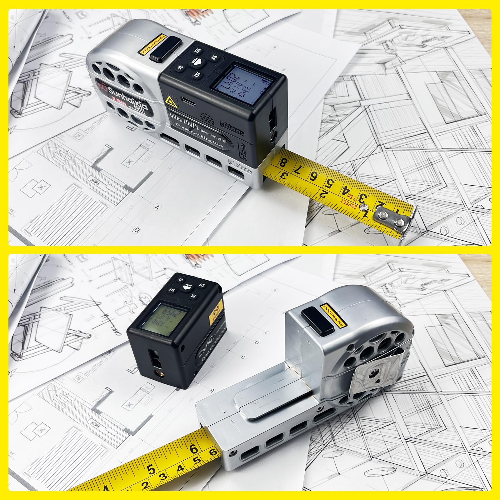 Cinta métrica láser digital 2 en 1 | Medidor de distancia láser de 40 m en pantalla LCD retroiluminada con cinta métrica AutoLock de 16 pies | Pies/pulgada/Fracciones/M/mm