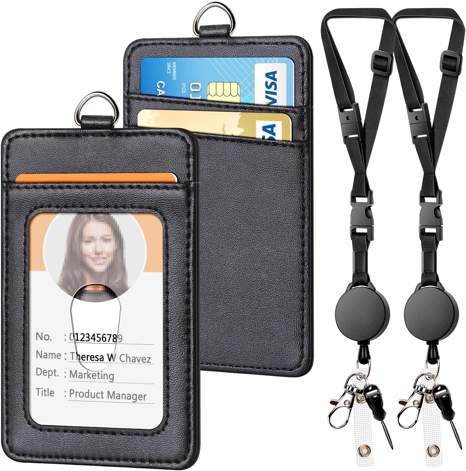 2 Pack Leather Badge Holder and Adjustable Retractable Lanyards, Quick Release Buckle and Safety Breakaway Lanyards with Swivel Metal Lobster Clasp for Offices, Staff, Students, Employees, Black