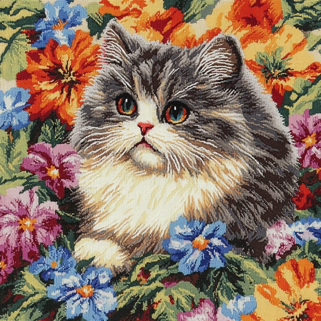 Taxpy Latch Hook Pillow Case Kits, Cat in the Flower Bushes Embroidery Kits DIY Pillow Cushion Cover Latch Hook Cushion Kit,17x17inch