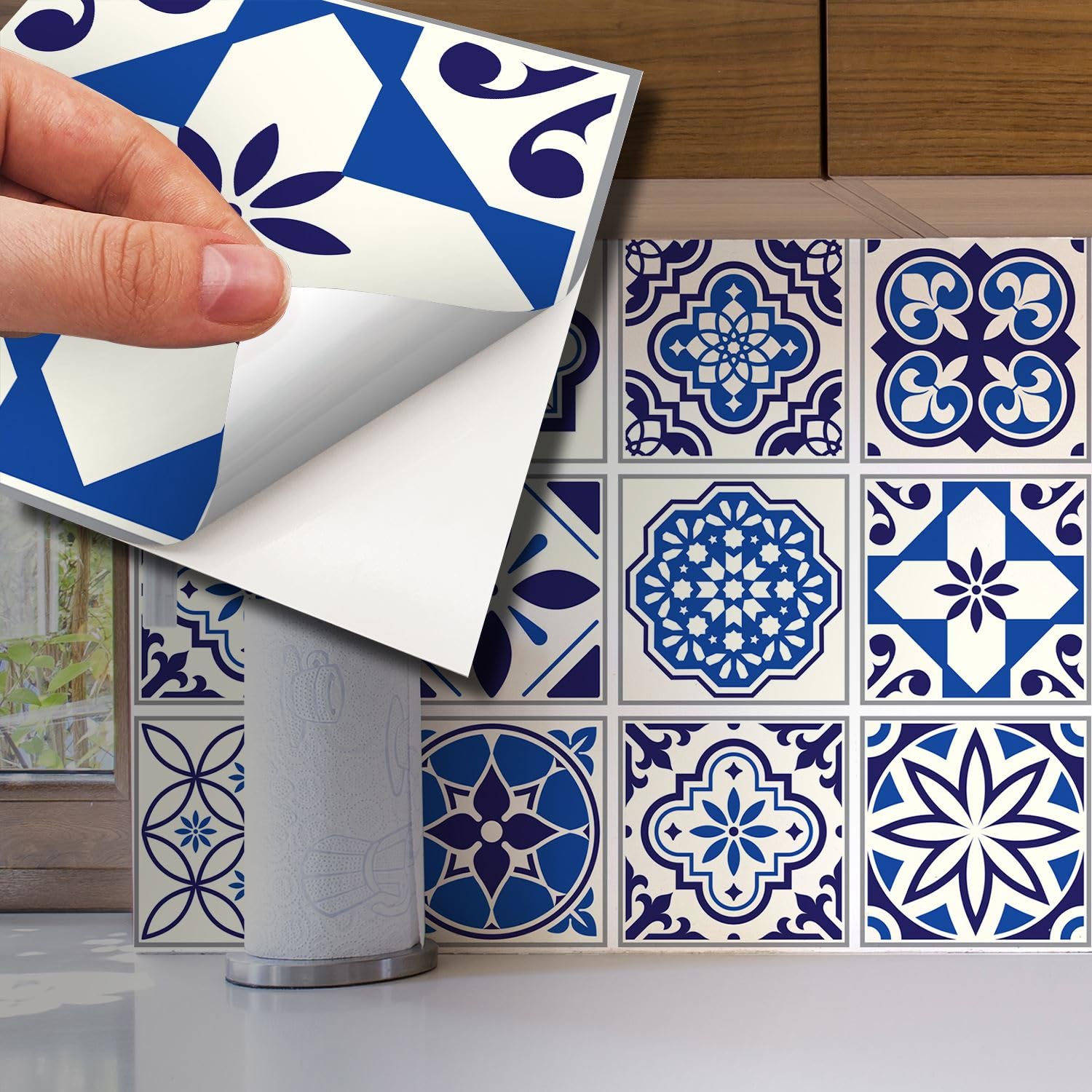 WALPLUS 72 Pcs 15cm (6") Peel and Stick Tile Stickers - Self-Adhesive Vinyl Backsplash for Kitchen & Bathroom, Removable Wall Decals, Spanish & Moroccan Blue Design