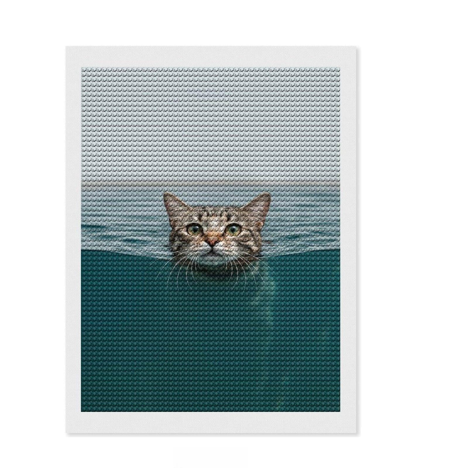 Junmoney Cat Swimming in Water Diamond Art Canvas 12"x16", Relaxing DIY Hobby, Satisfying Creative Project, Farmhouse Decor, for Women