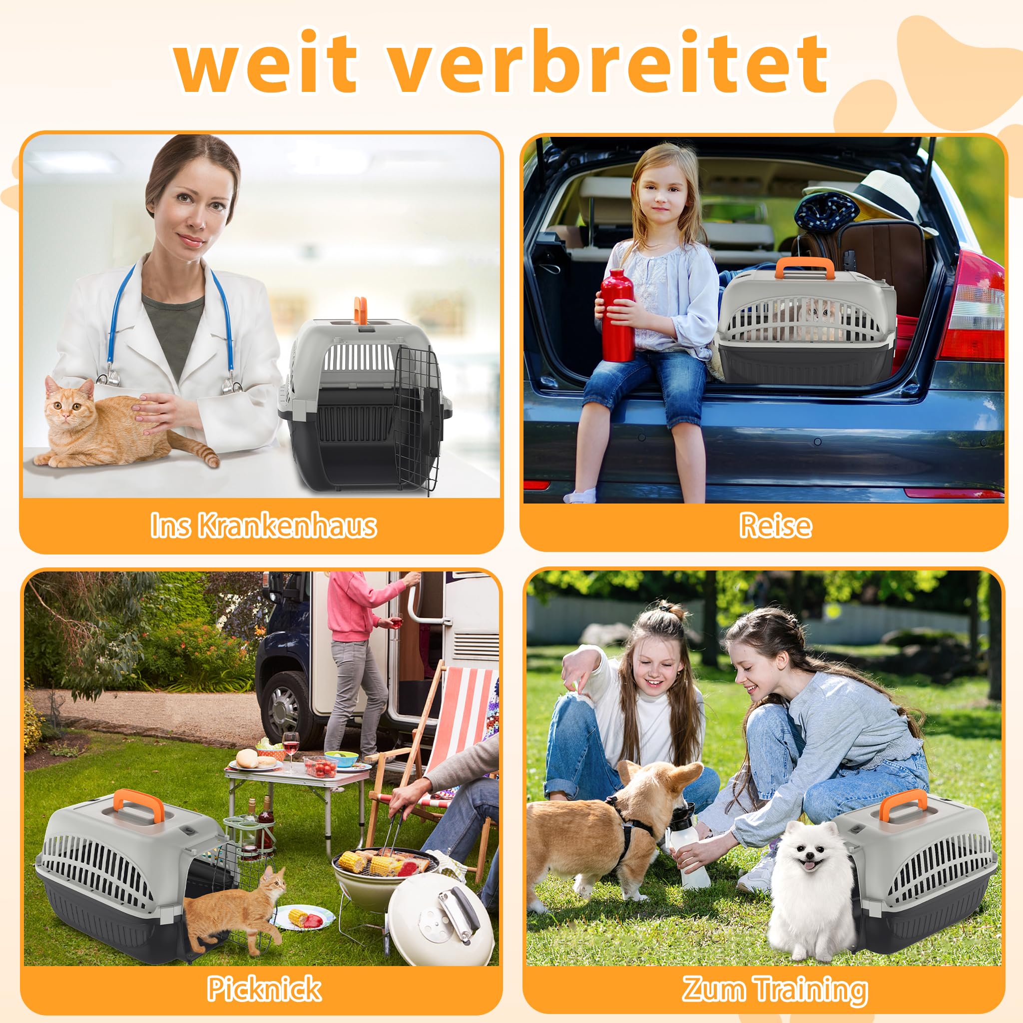 YUENFONG Transportbox Katzen 61x37x37cm Katzentransportbox für kleine Hunde, Tiertransporter aus ABS & PP Kunststoff Material, mit Metalltür & Napf, Grau und Schwarz