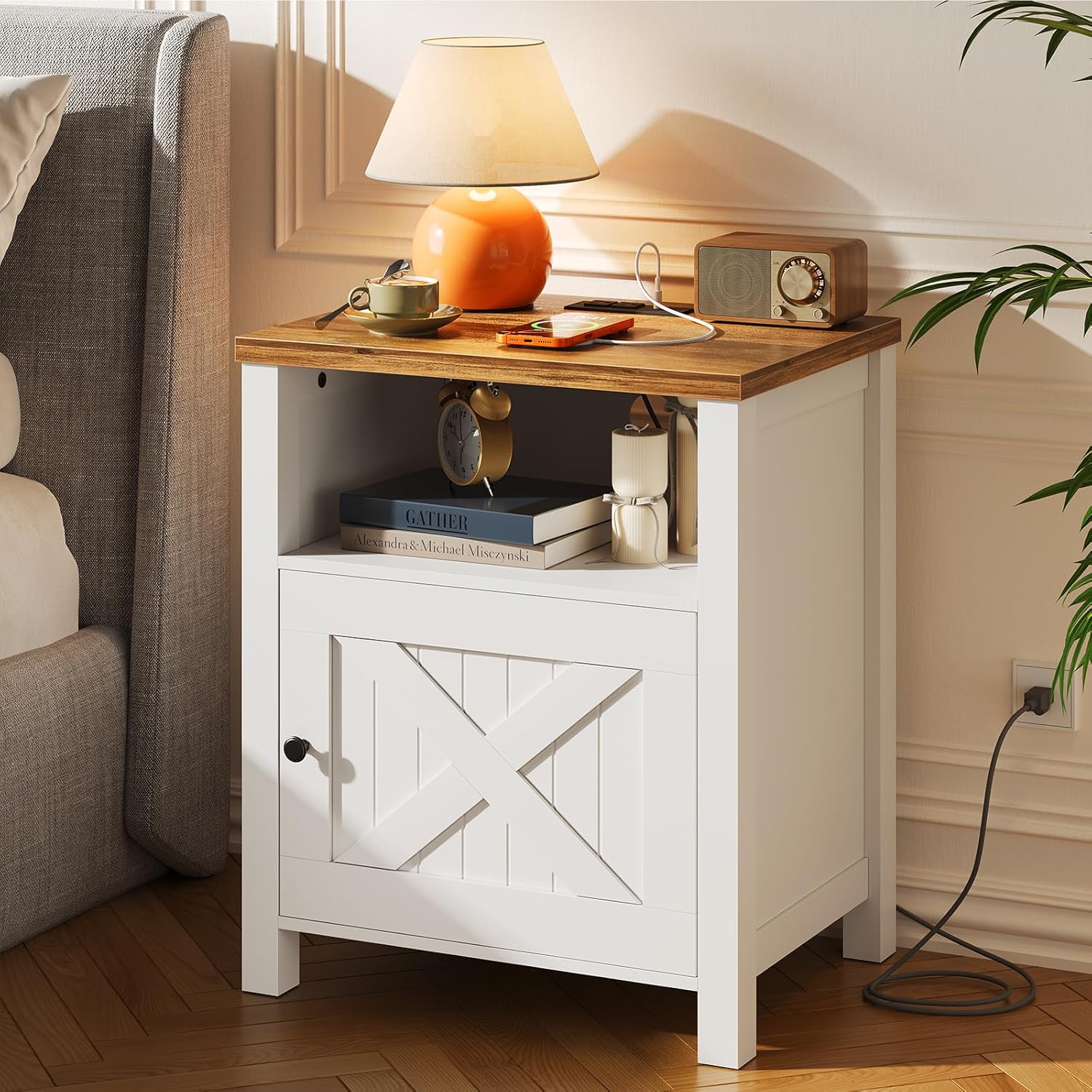 Marsail Farmhouse Nightstand with Charging Station, Wood Bedside Table with USB Port & AC Outlet, Open Shelf and Enclosed Cabinet, Side Table with Storage for Bedroom, Brown and White
