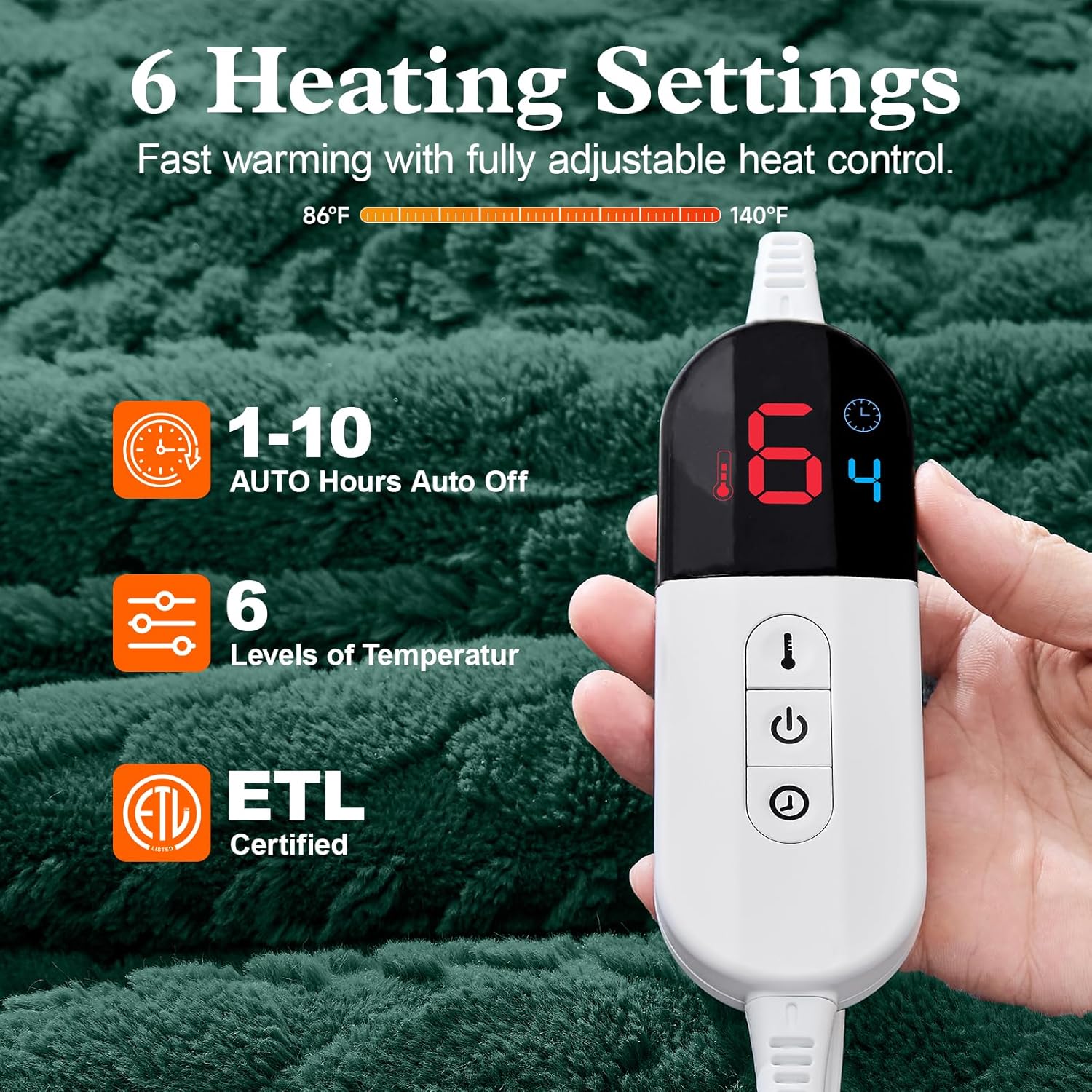 Electric Heated Blanket Twin Size - Jacquard Shaggy Sherpa 62"x84" Fast Heating Bed Blankets with 6 Heating Levels & 10 Hours Auto Off, Over-Heated Protection ETL, Dark Green - Image 3