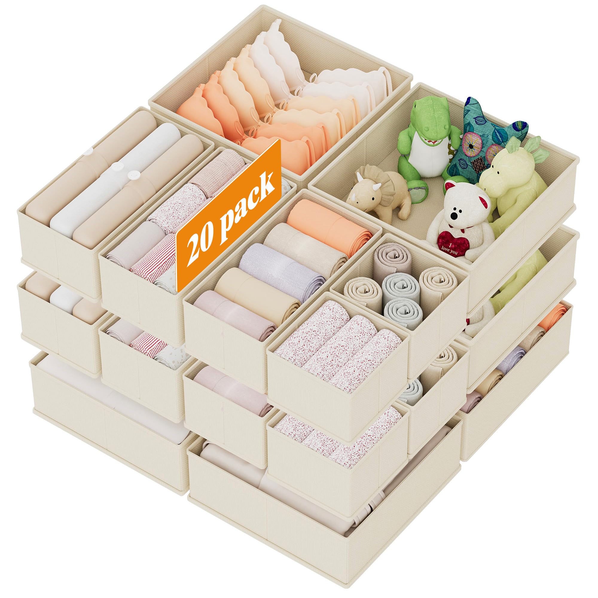 XIVIRACK 20 Pack Drawer Organizer for Clothes, Underwear Drawer Organizer Bins, Foldable Fabric Closet Storage Organizers, Drawer Dividers for Bras Undies Socks Ties, Beige