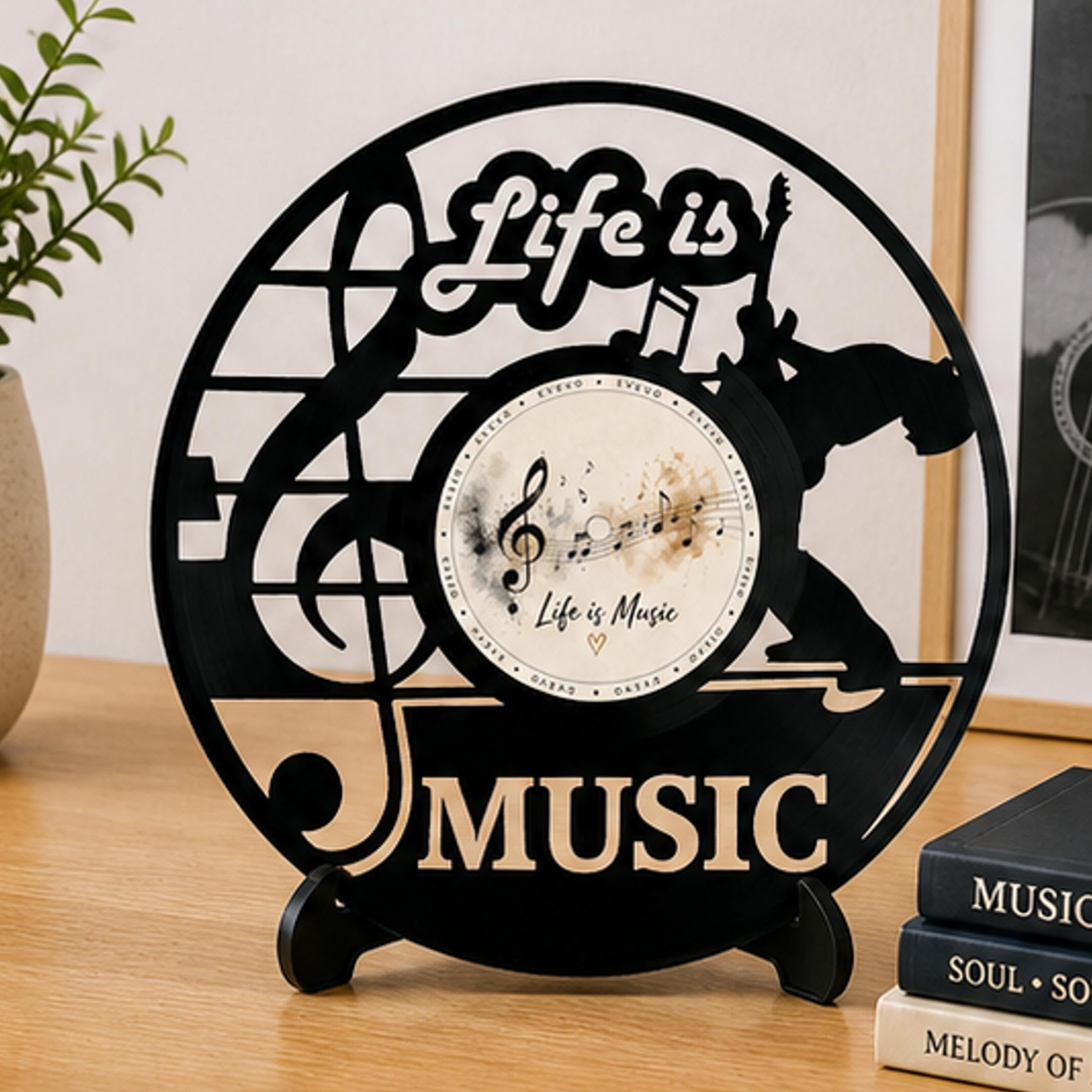 EVEVO Dekoracja ścienna z płyty gramofonowej Life is Music - winylowa sztuka ścienna, muzyka, obraz ścienny, prezent dla muzyków, miłośników muzyki audiofilów D0030