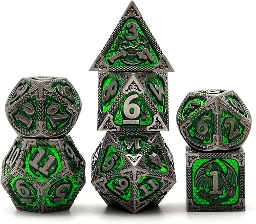 PJOY Juego de dados de metal DND con diseño de dragón de cobre antiguo que respira fuego dados poliédricos DD con funda de dados para juegos de rol