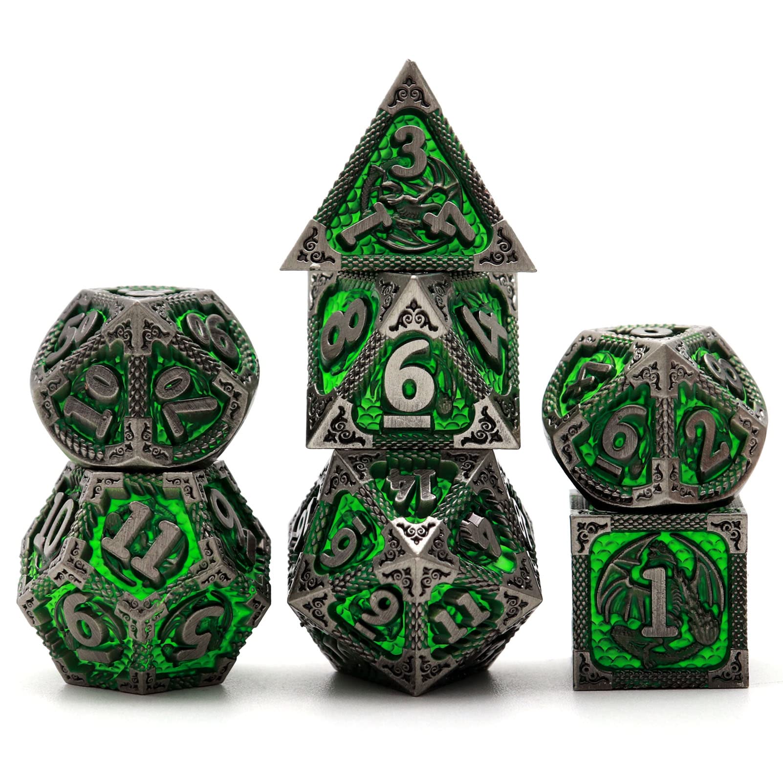 PJOY D&D Dice Set Metal DND Green Dice with Case Compatible with Dungeons and Dragons Ranger Gifts
