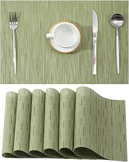 Pea Green Placemats Set of 6 - Heat Resistant Non-Slip Place mats for Dining Table, Washable Durable PVC Vinyl Woven Table Mats(Pea Green, 6)