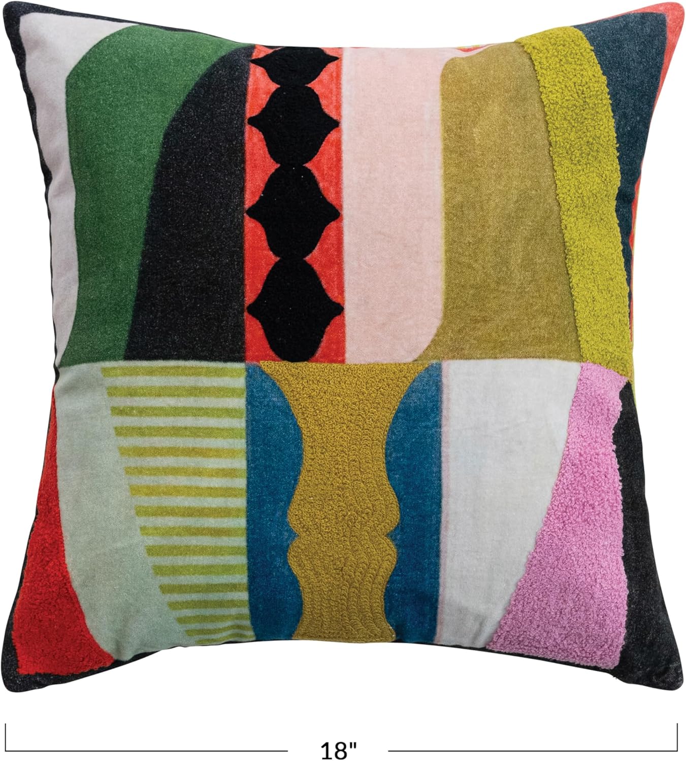 Bloomingville, Multicolor Cotton Velvet Printed Pillow with Abstract Design, Embroidery, Tufting and Striped Back, 18" Square