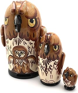 Owl Russian Hand Carved Hand Painted Nesting 3 Piece Doll Stacking Set 4 inch Tall