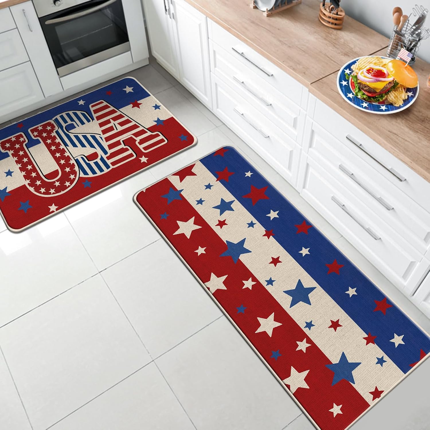 4th of July USA Patriotic Kitchen Rugs Set of 2, America Stars Blue White Red Stripes Independence Day Kitchen Mats Decor, American Floor Door Mat Home Decorations -17x29 and 17x47 Inch