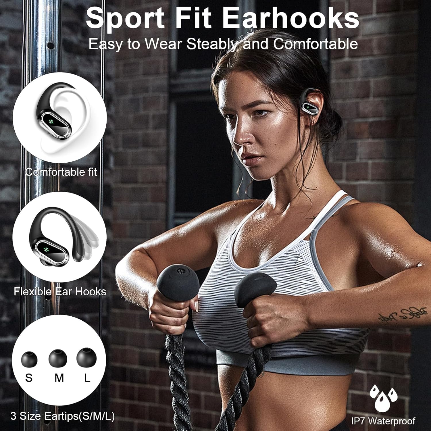 Cuffie Bluetooth Sport, Auricolari Bluetooth 5.3 Wireless con 4 ENC Cancellazione Rumore Mic, 50 Ore HiFi Stereo Cuffie Wireless, IP7 Impermeabile, Cuffiette Bluetooth con LED Display, USB-C, Nero