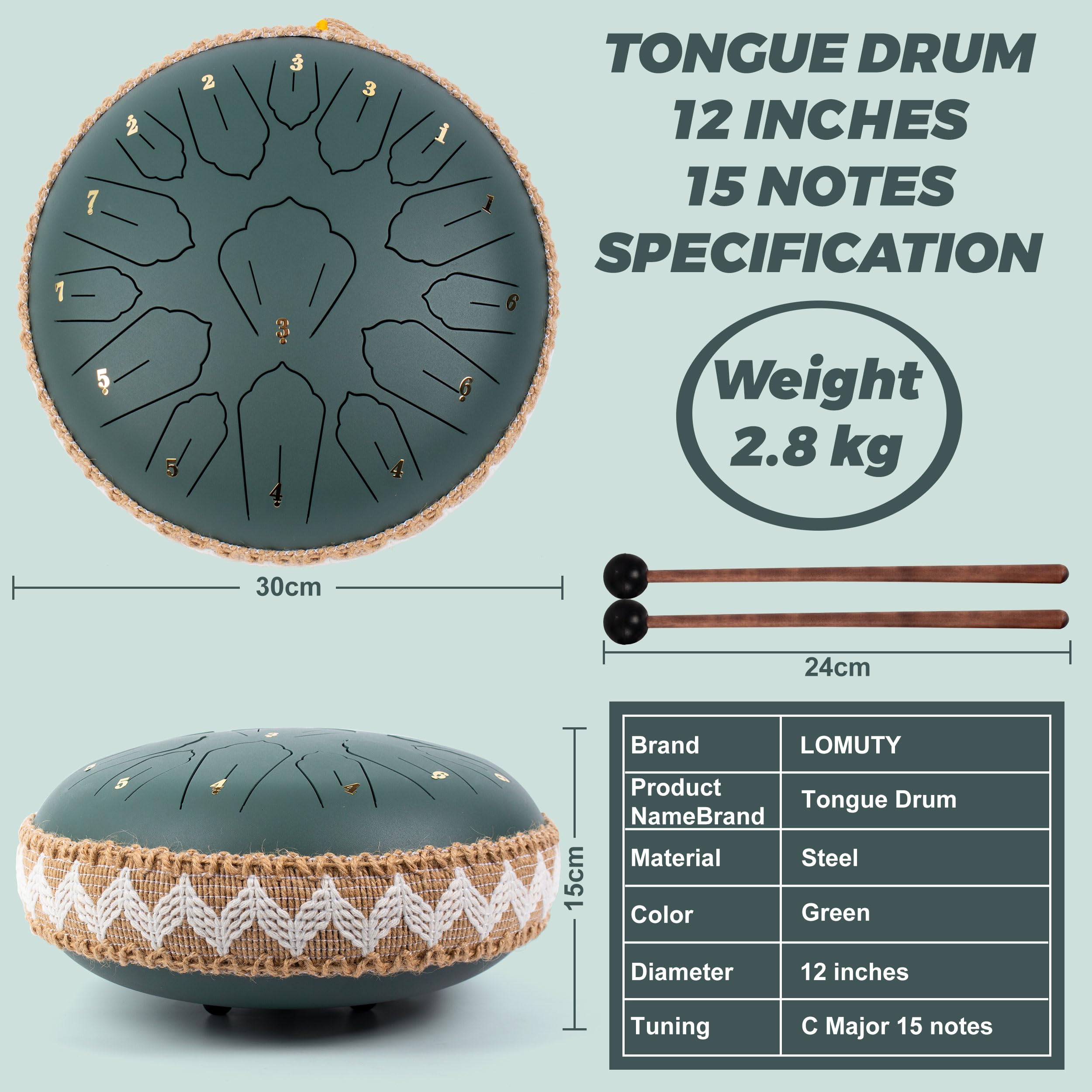 Steel Tongue Drum C Majeur, 12 Pouces 30cm 15 Notes Tambour à Langue, Handpan pour la Guérison par Le Son, la Méditation, L'éducation Musicale et le Yoga, Hand Pan comme Cadeau, Vert