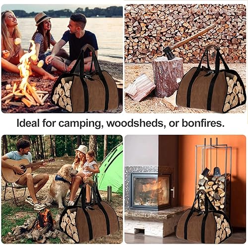 Miniatura 7 de Luckyrao Bolsa de leña para almacenamiento de leña al aire libre, portador de leña, portador de madera para leña, portador de leña con asas (marrón)