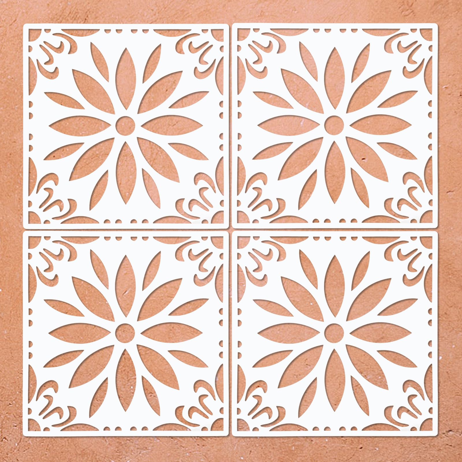 Reusable Concrete Floor Tile Stencils Mandala Stencil Sunflower Stencil for Painting Floors, Tiles, Walkway, Patio, Porch, 4-Pack, 8" x 8"