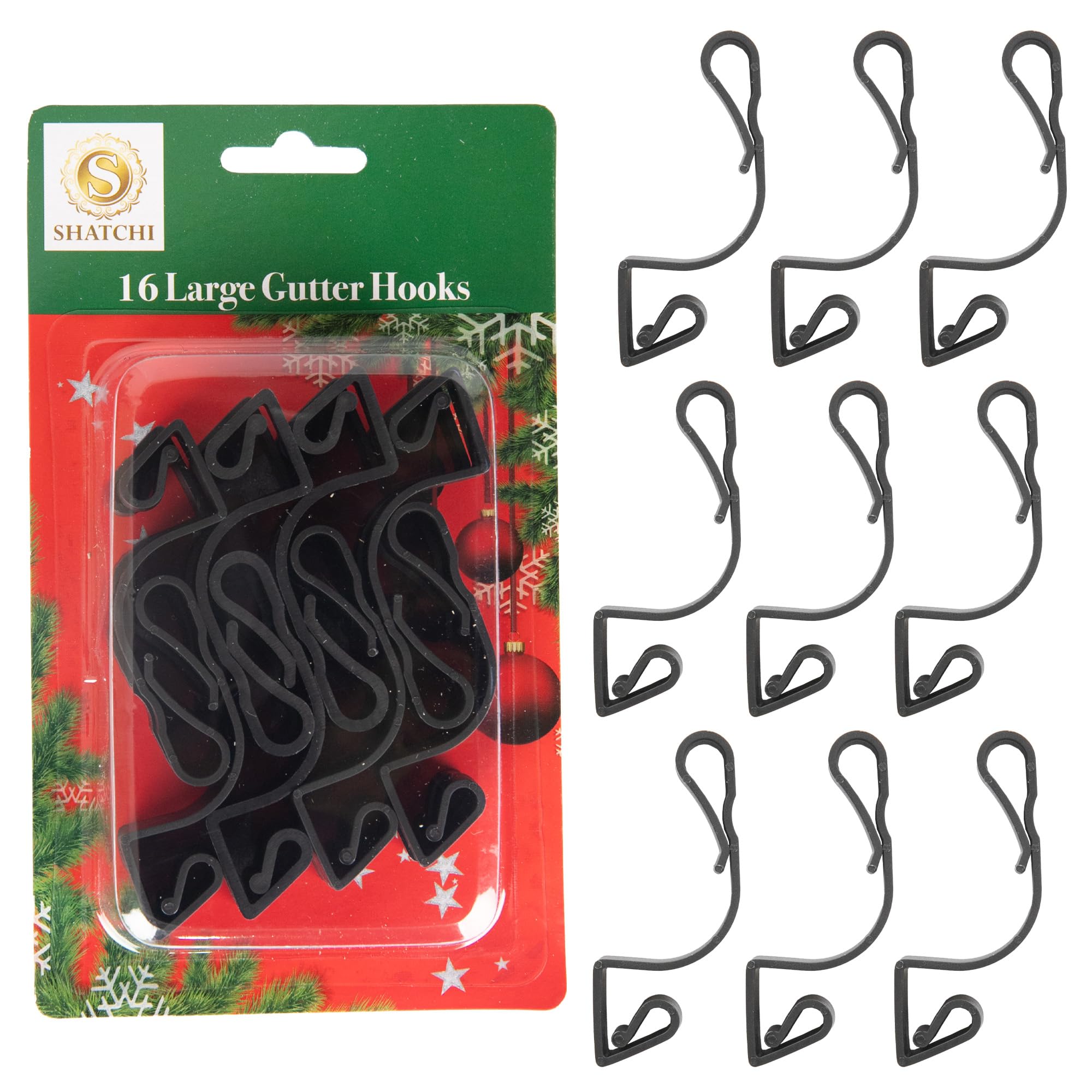 Shatchi Black 16Pcs Giant Gutter Hooks For Outdoor Hanging Christmas String Lights, Rope Lights Decorations –Uv-Protected, Weatherproof, Reusable Clips