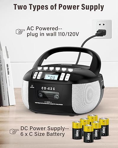 Miniatura 7 de Boombox de CD portátil de carga superior con radio estéreo AMFM, grabadora de cinta, cable auxiliar y alimentación de CA, funciona con pilas,