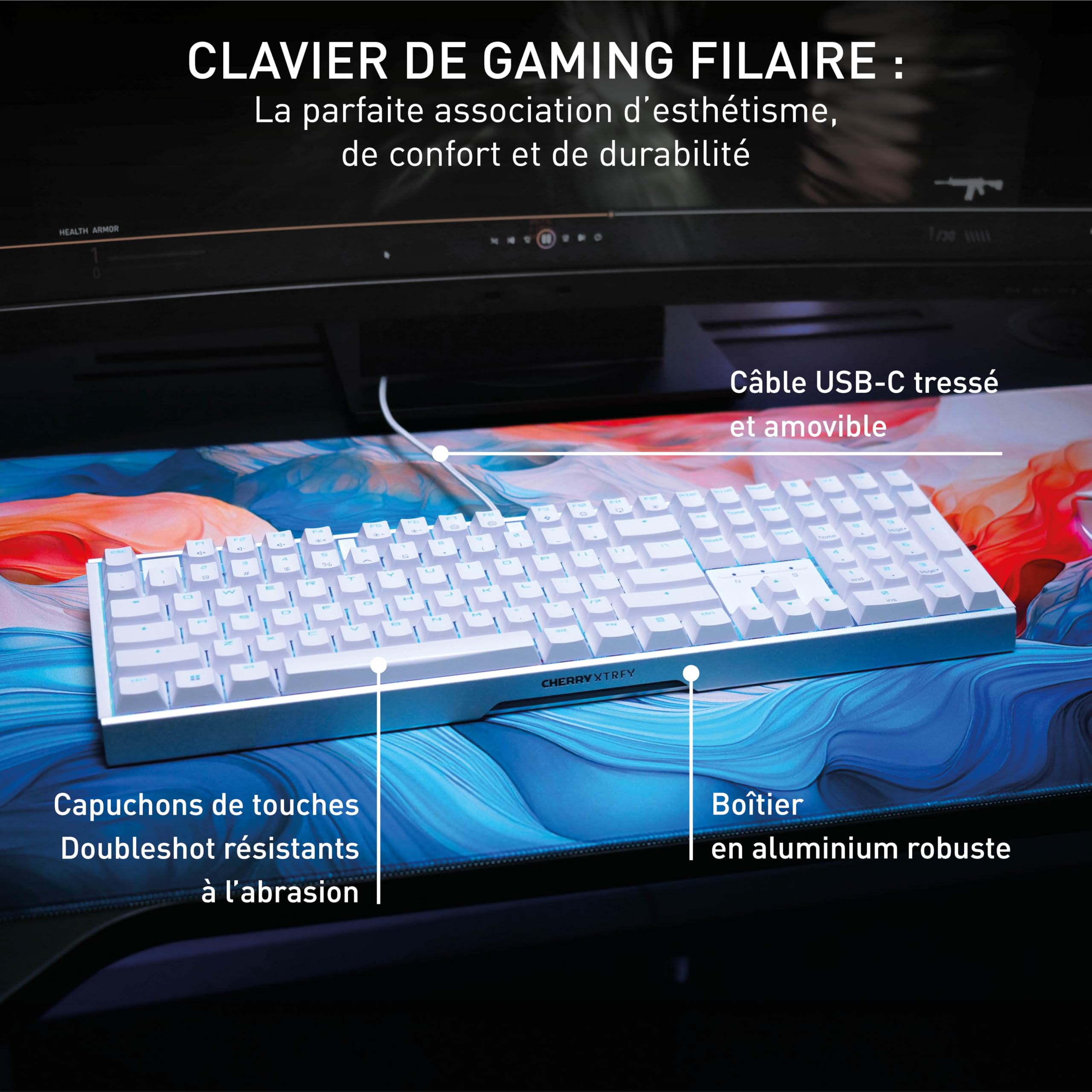 CHERRY XTRFY MX 3.1, clavier de jeu mécanique, disposition pan-nordique (QWERTY), rétro-éclairage RGB, boîtier alu, port USB-A, MX2A RED Switches, blanc