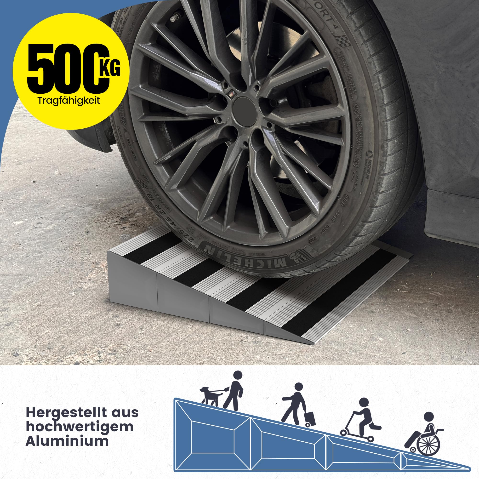 Rampa modular de aluminio para puerta de casa, escalones, ajustable y antideslizante, para sillas de ruedas, cochecitos, etc. Capacidad de carga de 500 kg (7,6 cm de altura)