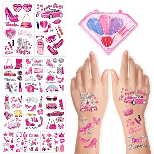 JUNEBRUSHS 15 hojas de tatuajes temporales rosas para princesa rosa, cumpleaños, beso, tatuajes temporales rosa para niños, niñas, mujeres, adultos,