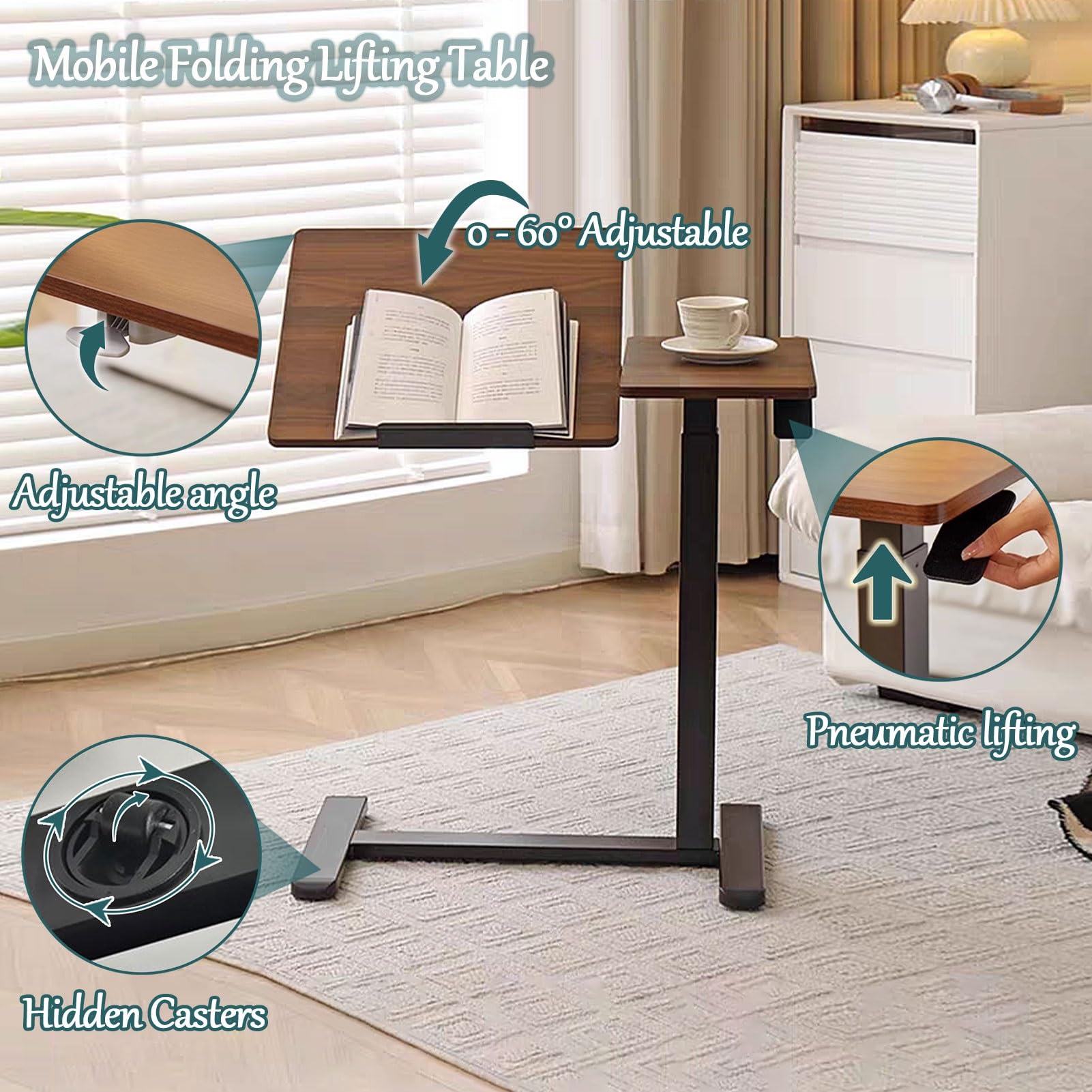 Drsyffsup Mesa de Noche Ajustable en Altura con Ruedas Ocultas, Mesa de Cama con Ruedas y Plataforma inclinable neumática, Mesa Auxiliar para sofá o Silla de Hospital, Color marrón Nogal