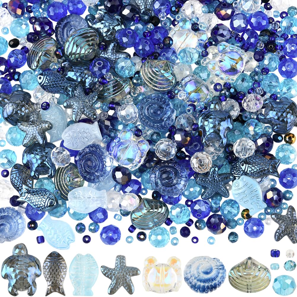 SUNNYCLUE 1 Box About 955pcs Ocean Bead Kit Glass Starfish Beads Clear Deep Blue Sea Seashell Starfish Turtle Conch Crab Spacers with Seed Beads for Jewellery Making Women Adults Christmas Supplies โ image 1