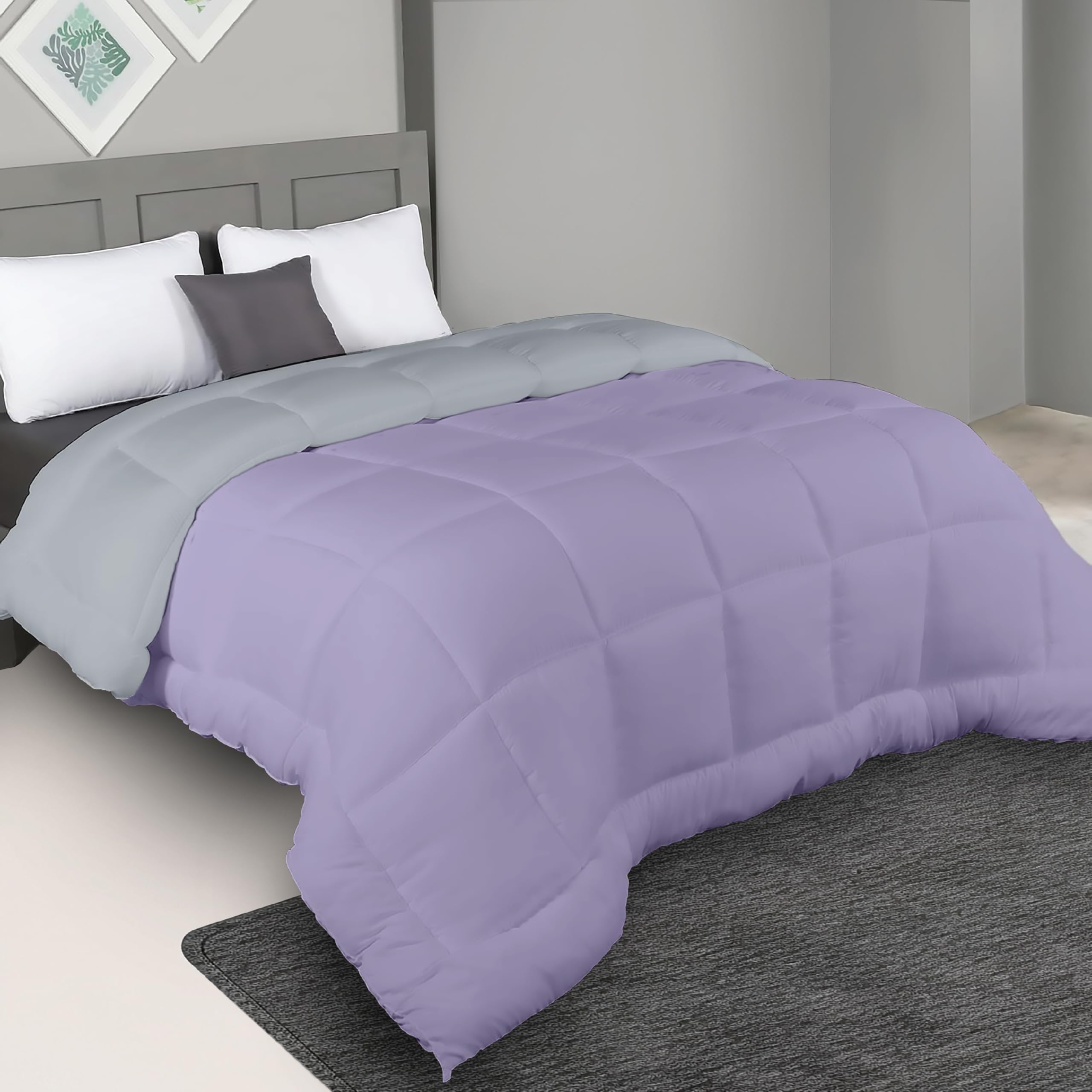 bien LIVING Plush Reversible Microfiber Comforter Double Bed | 220 GSM Wadding |110 GSM Peached Extra Soft Microfiber Fabric,All Weather Comforter Double Bed (90 X 100 Inches)(Ash Grey + Wisteria)-image-13