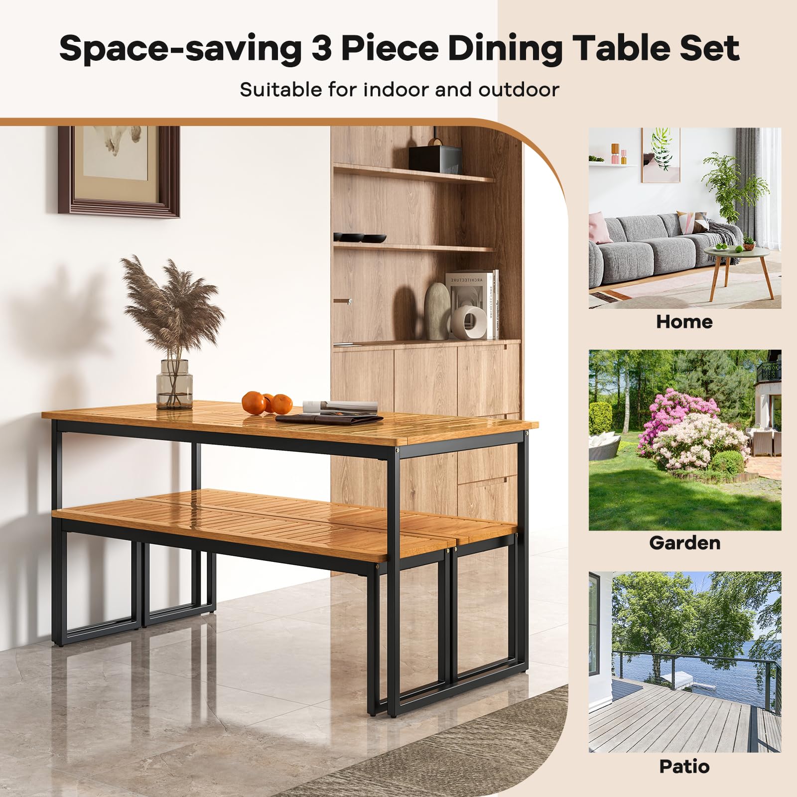 Tangkula Patio Dining Bench Set of 2, 2-3-person Backless Bench with Slatted Seat & Metal Legs, Indoor Outdoor Bench for Entryway, Front Porch, Garden, Poolside, Farmhouse Kitchen Dining Seat