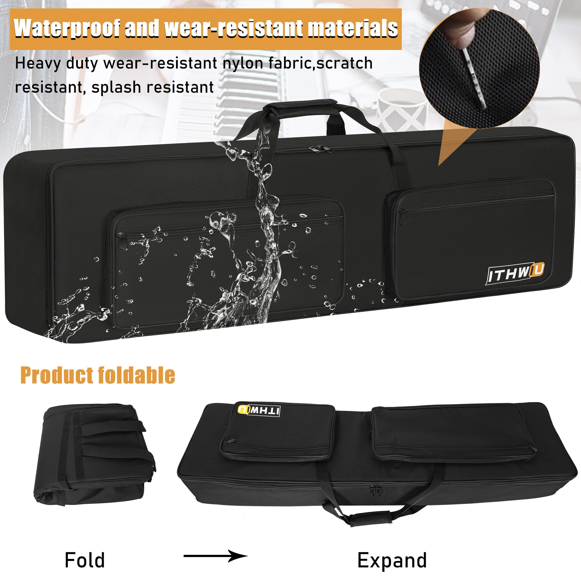 Keyboard-Tasche für E-Piano, gepolsterte Keyboard-Gigbag mit verstellbaren Gurten und 5 Taschen für Tastaturzubehör, Schwarz, Schwarz, 88 Note-Lenth 54", Modern