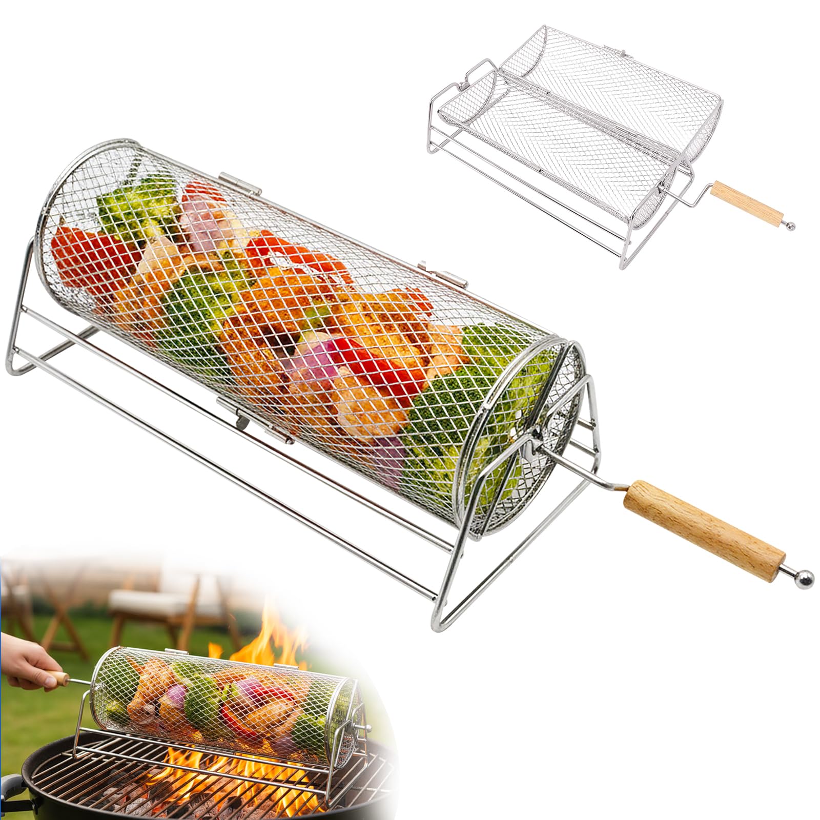 Cestino per Barbecue Girevole, Acciaio Inossidabile 304, Manico in Legno Rimovibile, Cestello per Griglia Impilabile, Accessori BBQ per Verdure,Frutti Mare,Campeggio, Regalo per Papà, Uomini