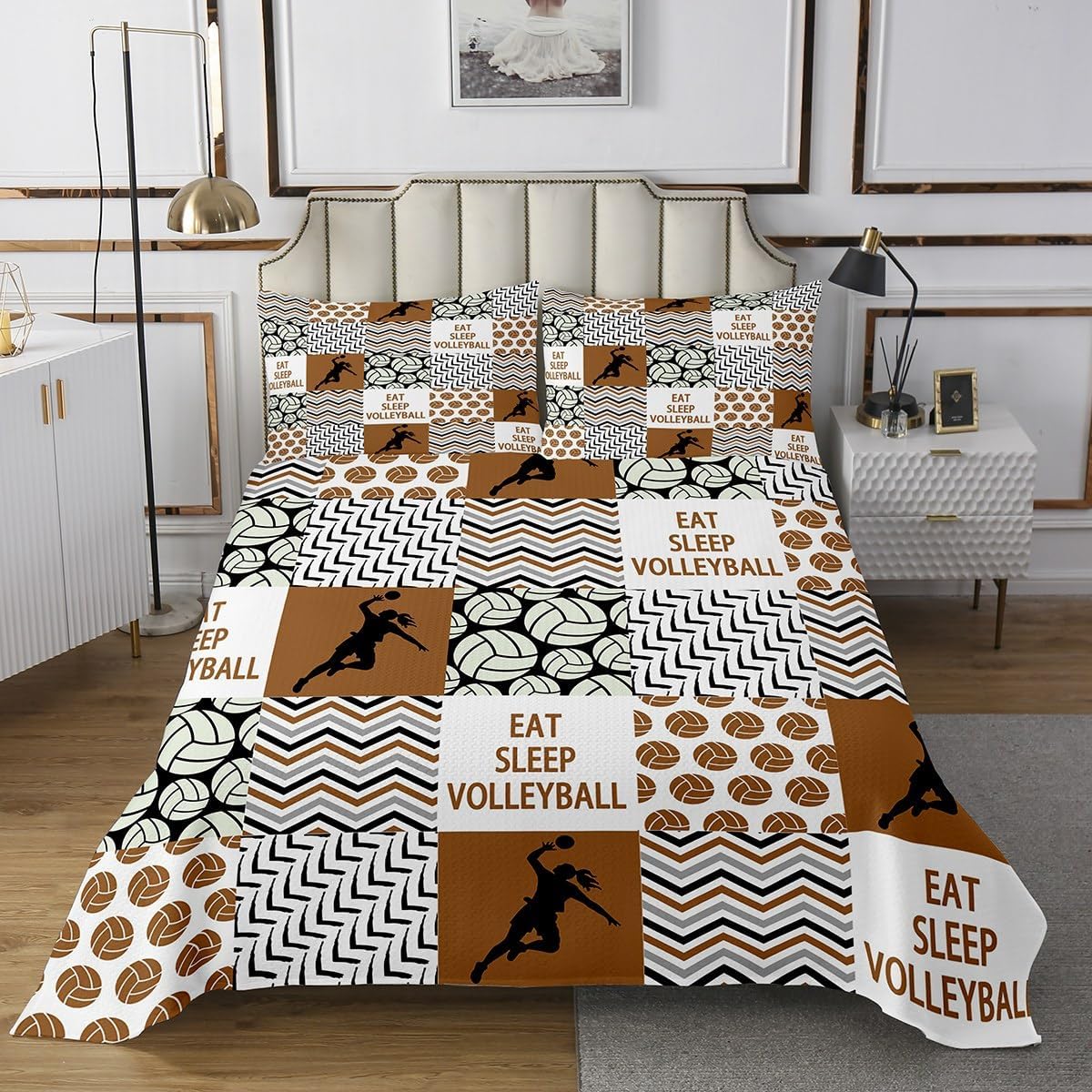 Feelyou Volleyball Bedspread Twin Size Girls Volleyball Coverlet Set Sport Game Bedding Cover Ball Brown Bedding Collection for Boys Girls Kids Adults