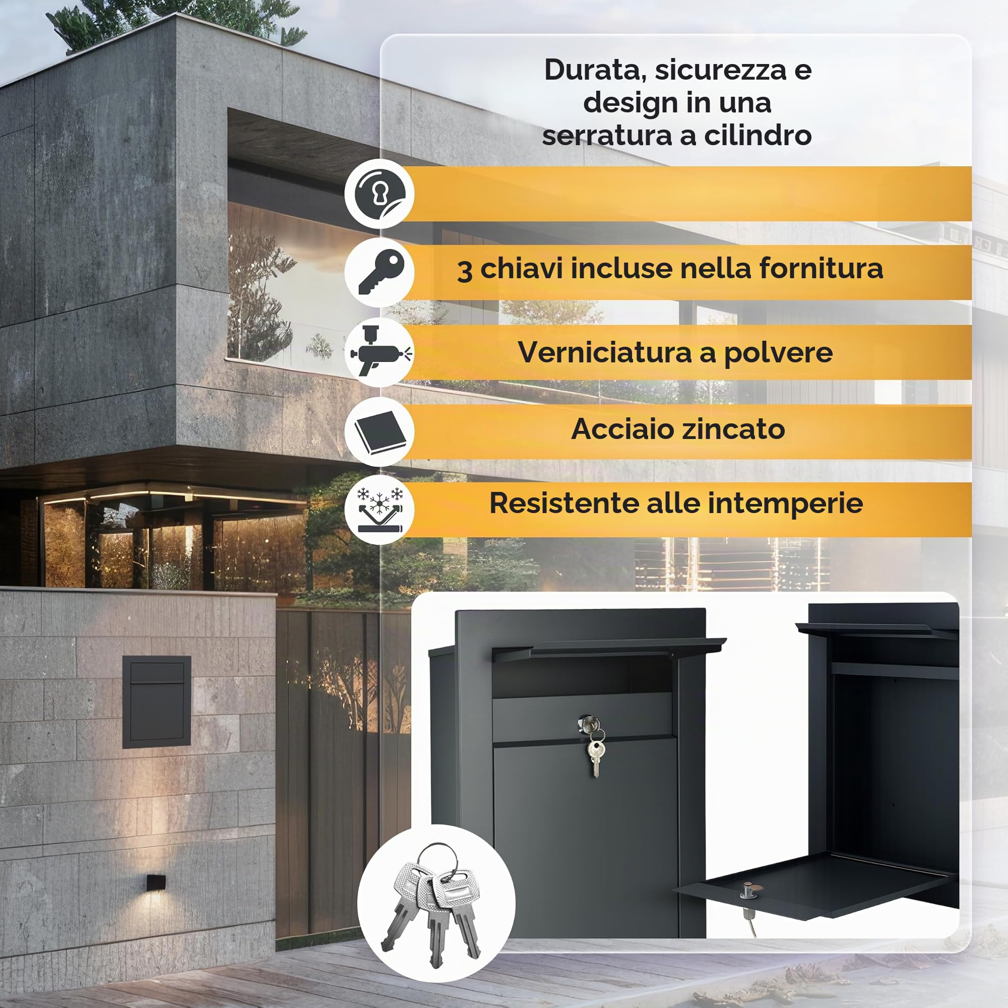 Cassetta della posta da incasso RAL7016 Antracite, in acciaio galvanizzato verniciato a polvere, installazione a filo muro, resistente agli agenti atmosferici, montaggio a parete con