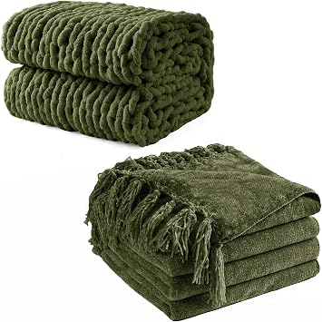 Chunky Knit Throw Blanket Bundle Chenille Throw Blanket, 50"X 60" Olive Green