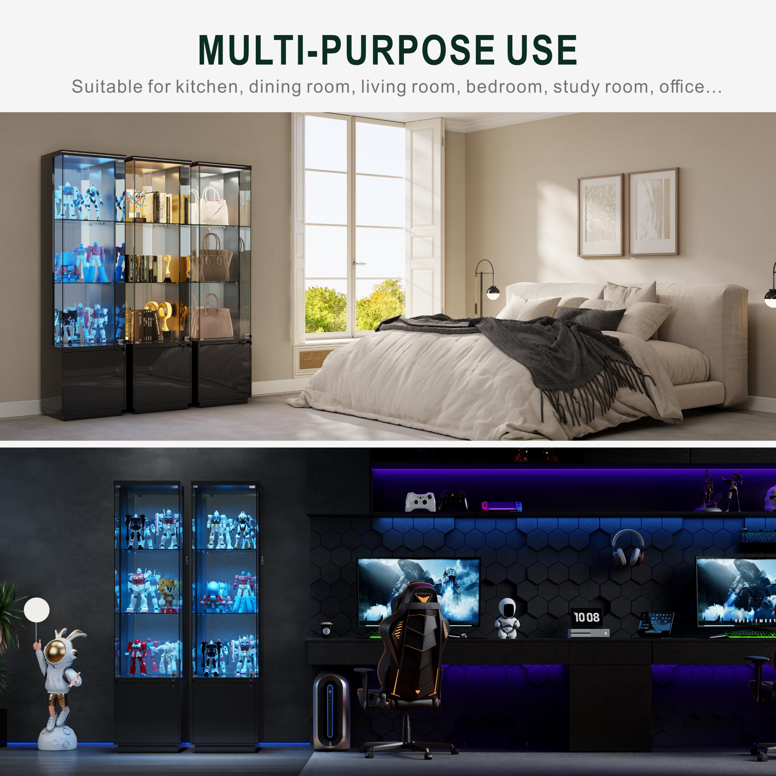 Vitrina Expositora con Iluminación LED - Vitrinas con Puertas de Cristal con Cerradura,Vitrina Cristal con Sensores Inteligentes,3 Estantes para Salón,Dormitorio,Oficina o Estudio,Negro