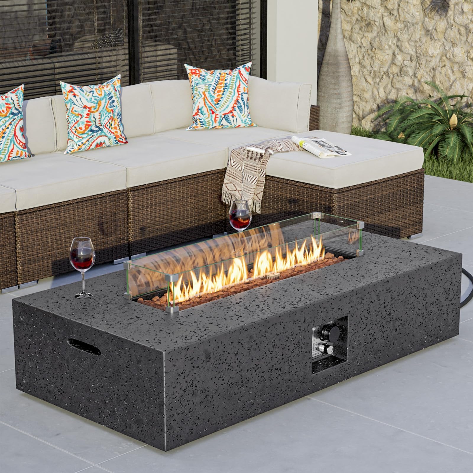 56-inch x 28-inch Outdoor Propane Fire Pit Coffee Table w Concrete Rectangle Base, Certified, 50,000 BTU, Free Lava Rocks and RainCover, Fits 20lb Tank Outside, Wind Guard, Gray