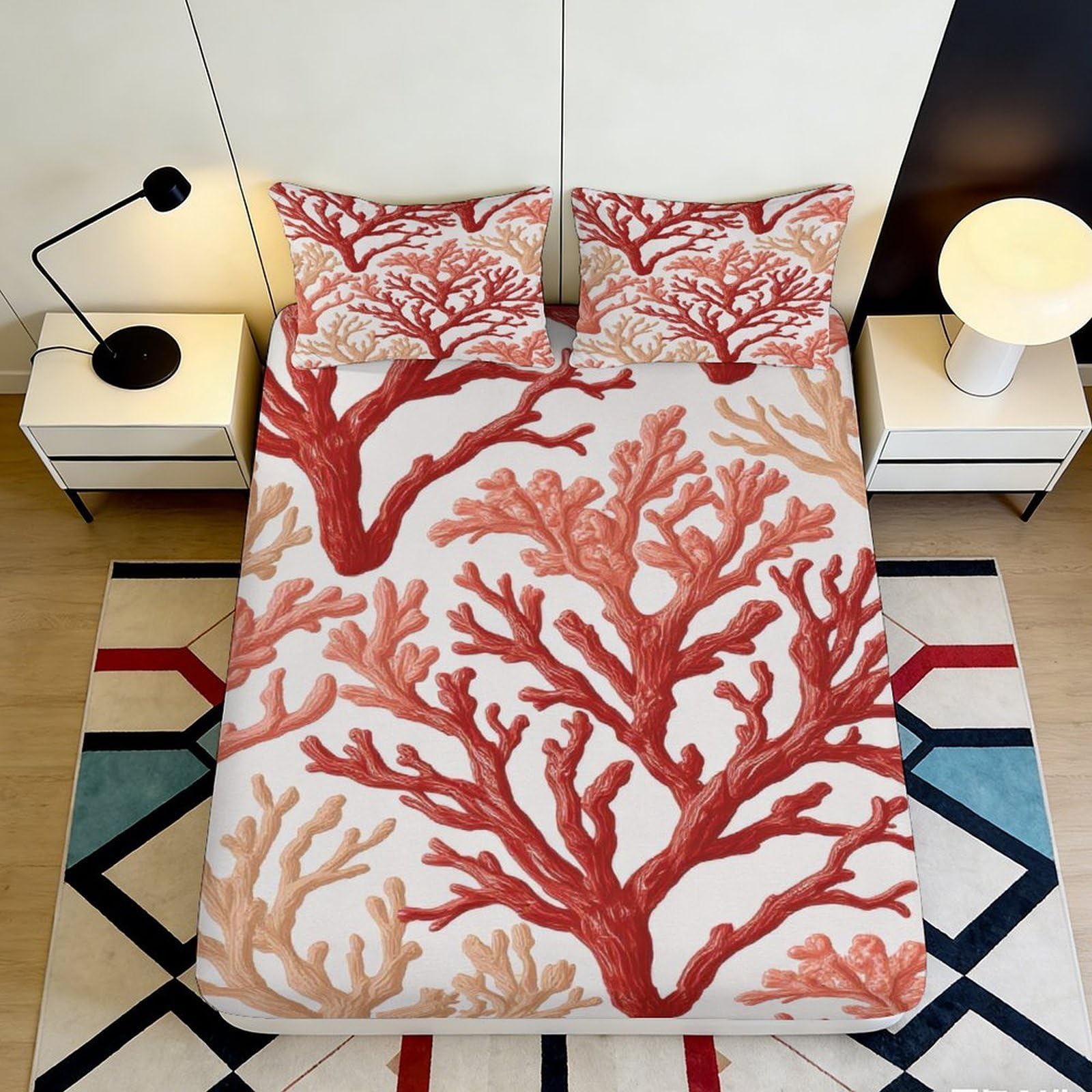 3D Printed Coral Reef Fitted Sheet Microfiber Soft Breathable Red Branches Bed Cover for Bedroom Dormitory Guest Room Mattress Protection Decor 180x200x25cm
