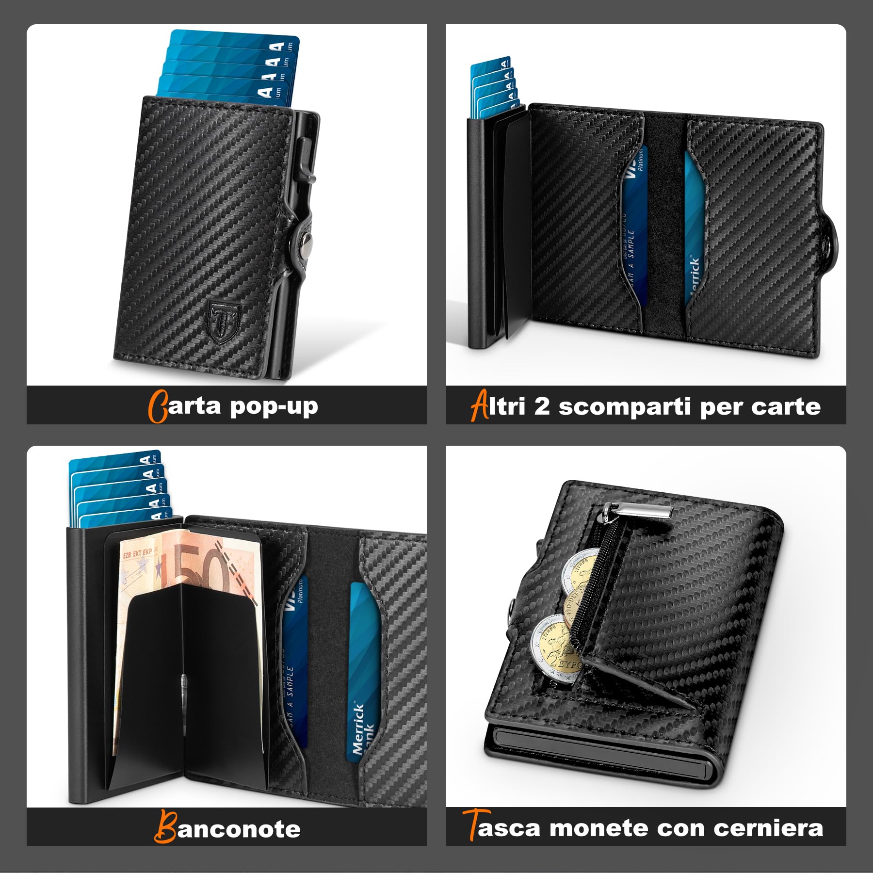 Tomylv Portafoglio Uomo RFID Blocking, Portafoglio Uomo Slim Pelle in Fibra di Carbonio con 7 Porta Carte di Credito Uomo, Tasca con Cerniera, Chiusura con Bottone, con Confezione Regalo - Nero