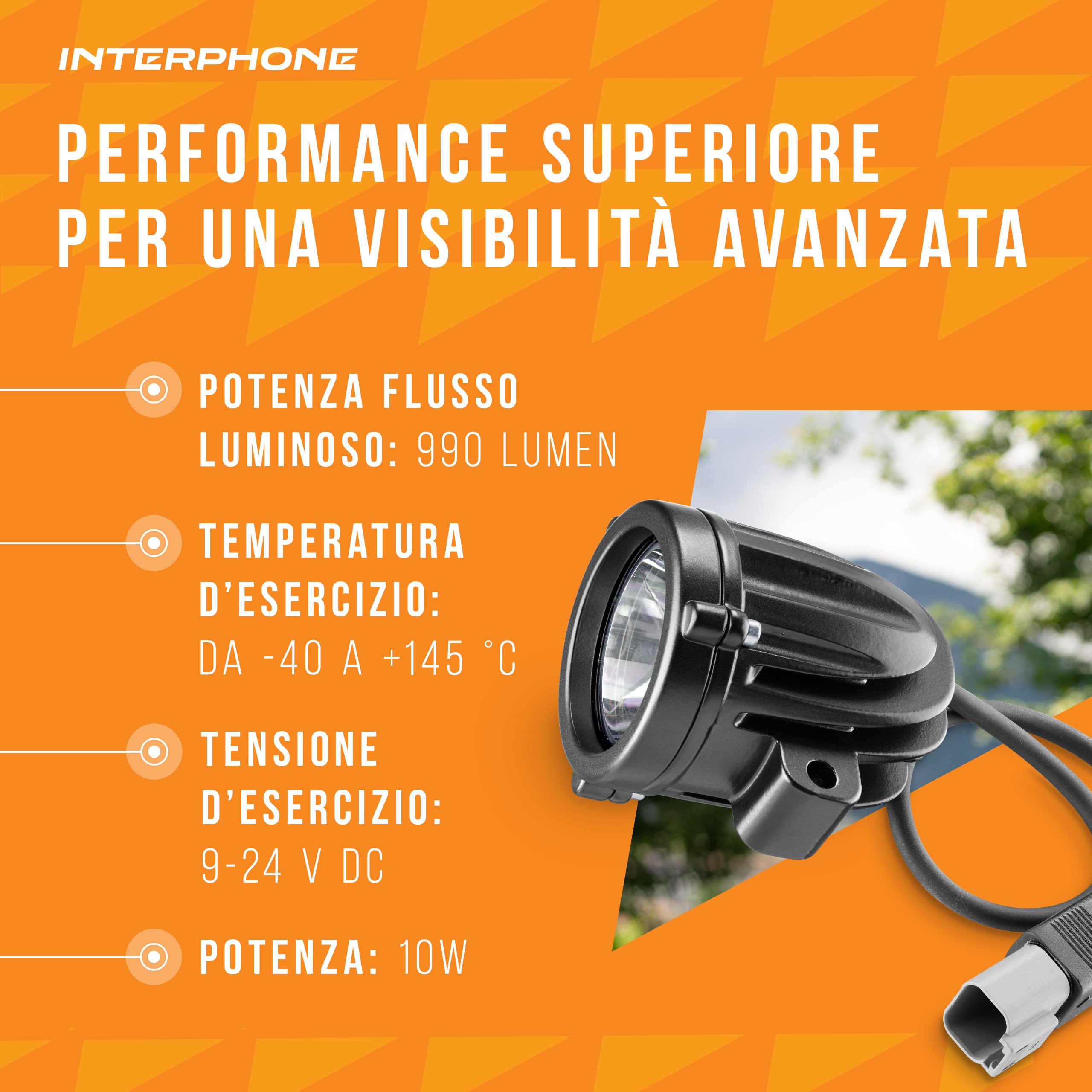 INTERPHONE Coppia Faretti LED Anteriori da Moto, Kit con 2 faretti moto ausiliari con omologazioni stradale ECE R112, Luci moto con potenza 10W, flusso luminoso 990 Lumen e pattern fascio luce SPOT
